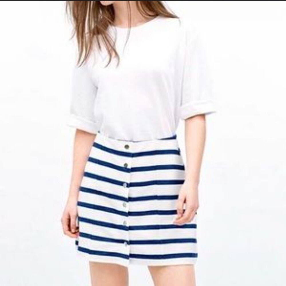 ZARA TRF Stripe Cotton Mini Skirt Button Front Womans Sz Lg 32 waist